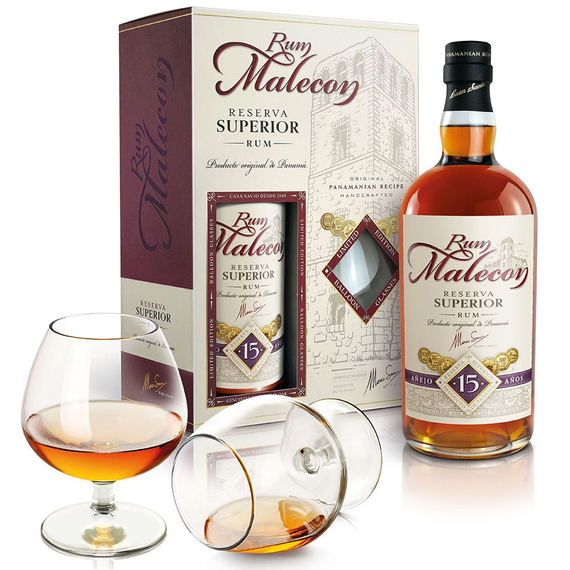 Malecon 15 éves rum díszdobozban 2 pohárral (0,7L / 40%)